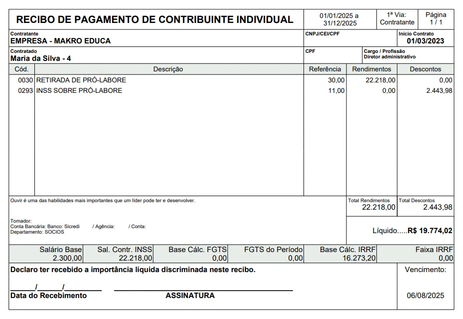 Recibo de pagamento de contribuinte individual da empresa Makro Educa para Maria da Silva, referente ao período de 01/01/2025 a 31/12/2025, com pró-labore de R$ 22.218,00, desconto de INSS de R$ 2.443,98 e valor líquido de R$ 19.774,02.