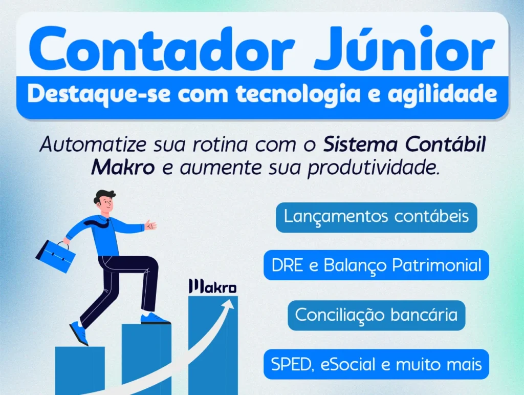 Esta imagem mostra as funcionalidades do Sistema Contábil Makro que ajuda o contador júnior a se destacar em sua jornada. possui o desenho de um contador segurando uma maleta enquanto caminha em um gráfico crescente rumo ao sucesso.