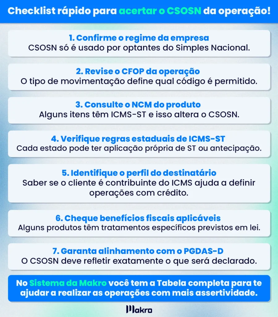 Esta imagem mostra um Checklist rápido para acertar o CSOSN da operação! Dividido por quadros e informando que No Sistema da Makro você tem a Tabela completa para te ajudar a realizar as operações com mais assertividade. Conheça nosso Plano Gratuito!