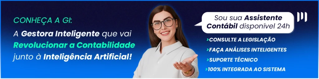 Fundo em azul degradê. À direita, a GI (Gestora Inteligente) aparece sorridente, de óculos e camisa branca. Logotipo da Makro no canto superior direito. Texto: “O contador que usa um sistema contábil completo e tecnológico está sempre um passo à frente.”