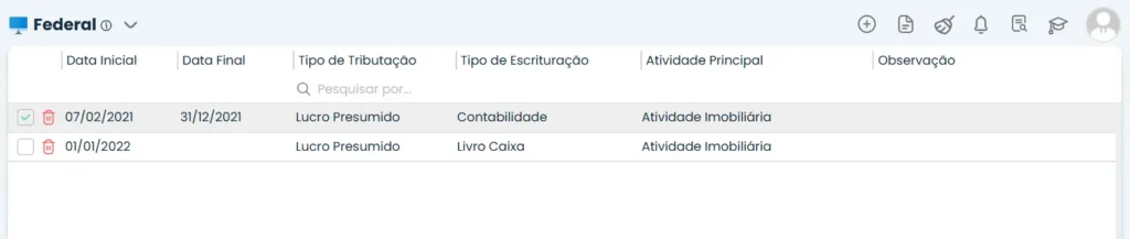 Tela do Sistema Contábil Makro, no Sistema Makro, com tabela de tributações e datas iniciais do Módulo Contábil no Sistema Makro.