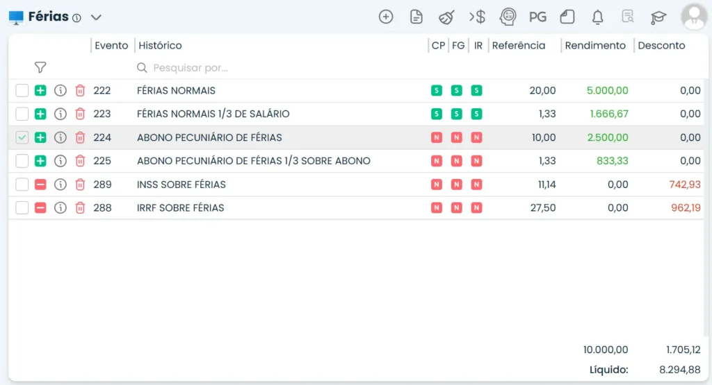 Tela do sistema contábil Makro para gerar férias com cálculo de férias normais, abono pecuniário, INSS, IRRF e valor líquido final.