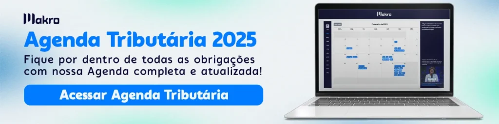Imagem de um notebook aberto na Agenda Tributária da Makro, com um titulo na esquerda na cor Azul.